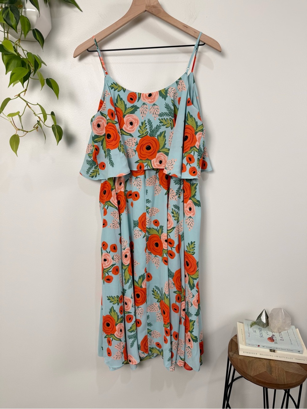 Anthropologie Paper Crown x Rifle Paper Co Poppy Field Dress Floral Blue Coral M - Picture 3 of 10